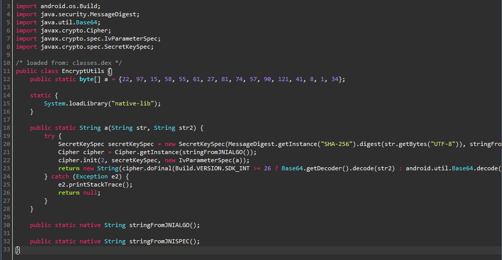 jadx screenshot showing native-lib, EncryptUtils class, endpoints