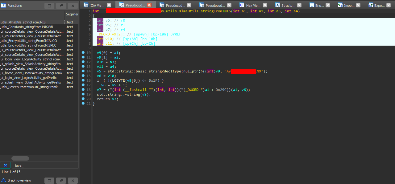 jadx screenshot showing stringFrom functions