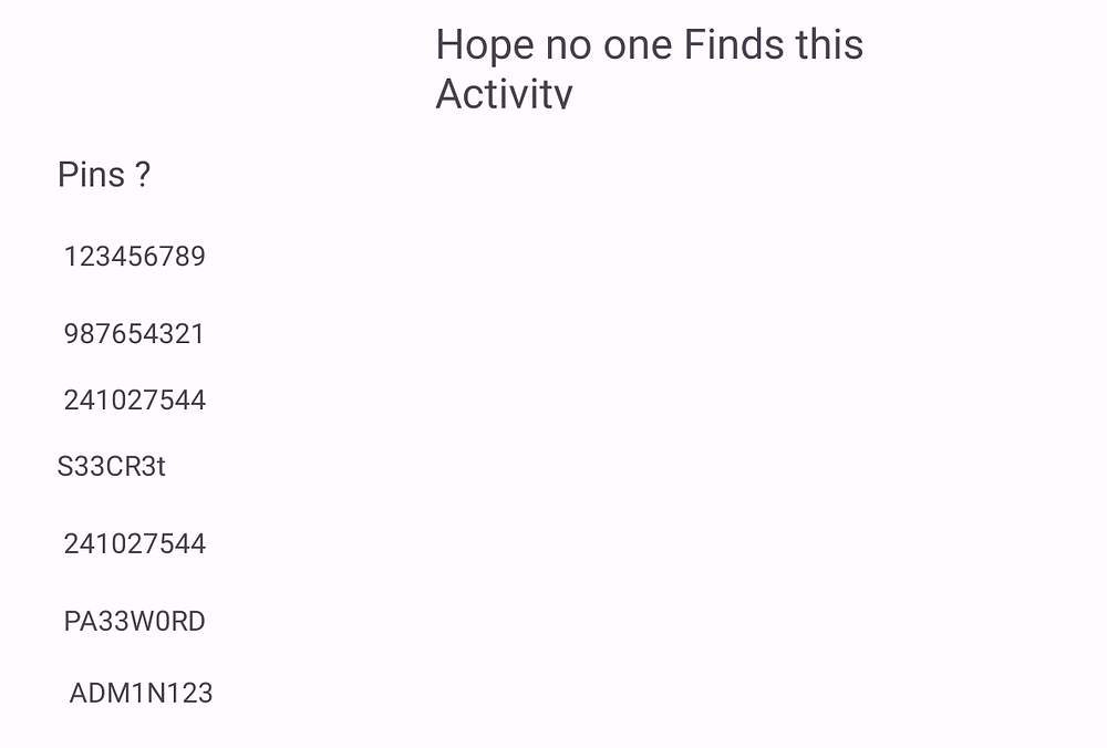 List of PINs screenshot