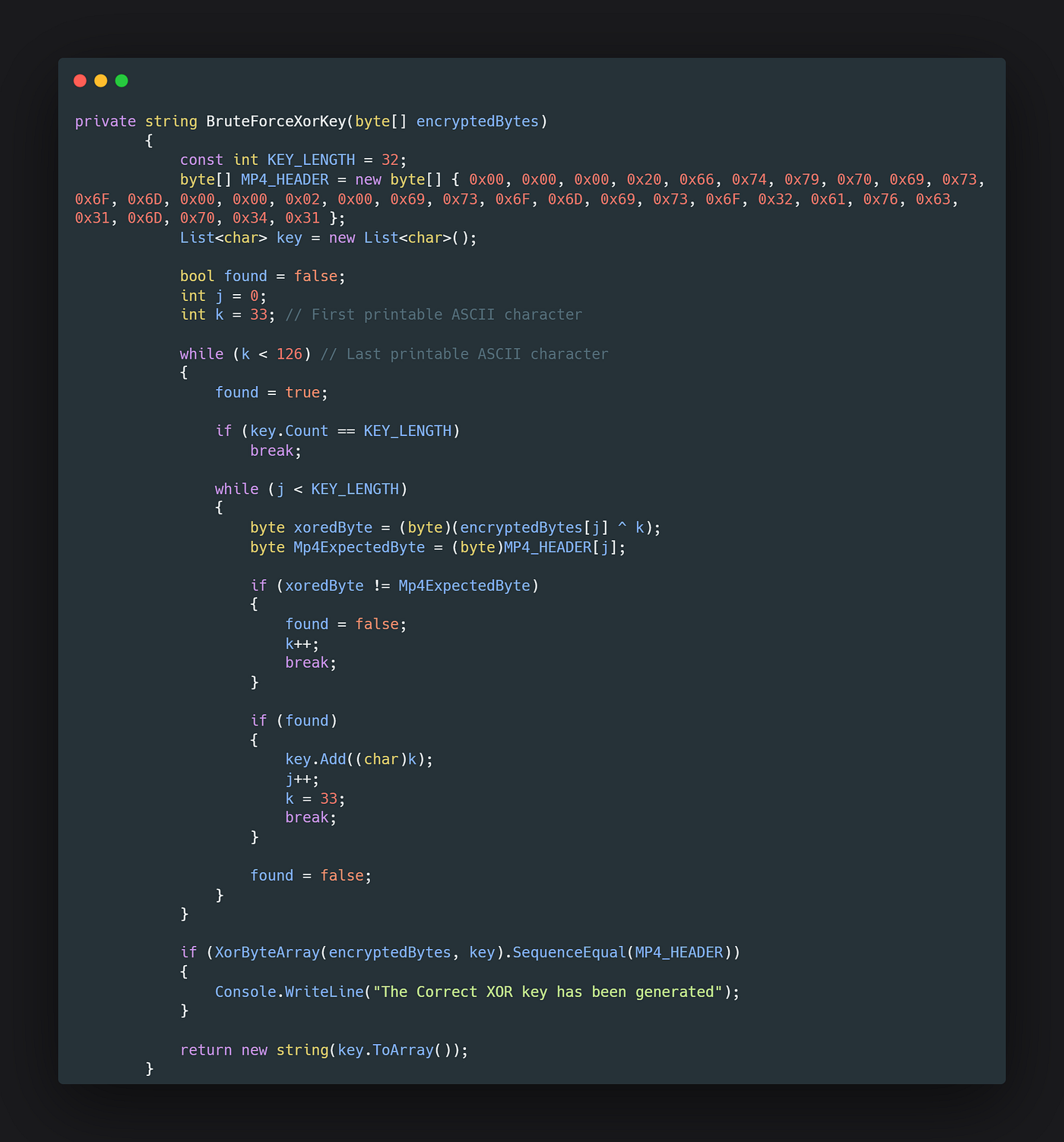 XOR brute force result showing MP4 header